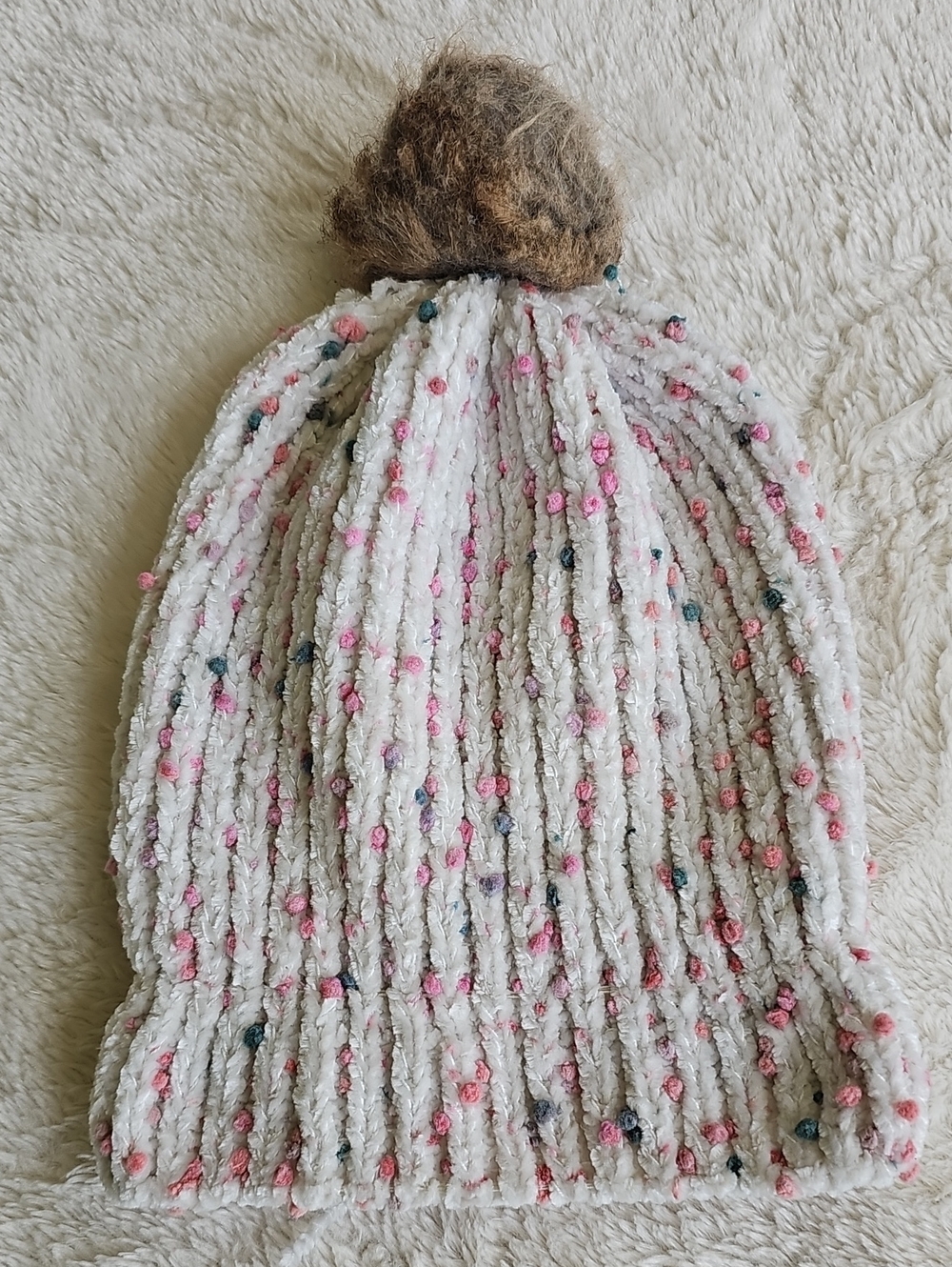 Capelli New York Chenille Knit Pom Pom Beanie Hat Pink Cream Speckled M/L